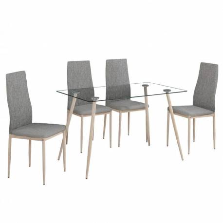 Conjunto mesa cristal + 4 sillas color gris Asper II