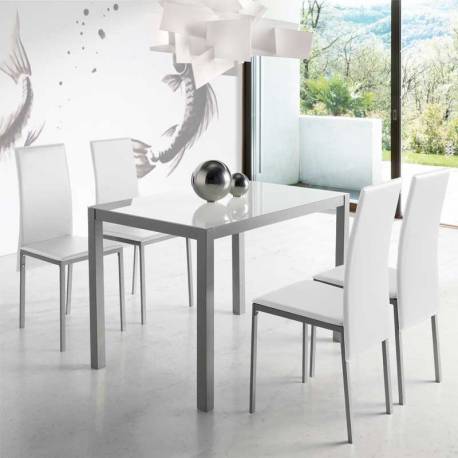 Conjunto mesa cristal + 4 sillas blanco Saona