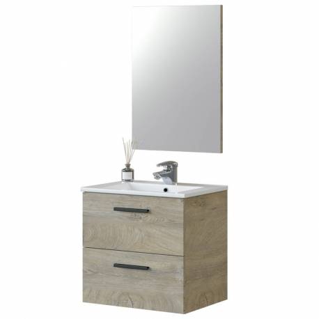 Pack mueble baño, espejo y columna color roble Alaska (Incluye Lavabo y Espejo)
