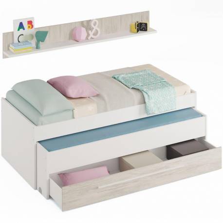 Dormitorio juvenil completo Elliot (cama nido con somieres +armario+escritorio) de color blanco
