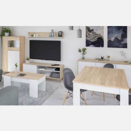 Pack muebles salón completo estilo nórdico blanco y roble Kikua