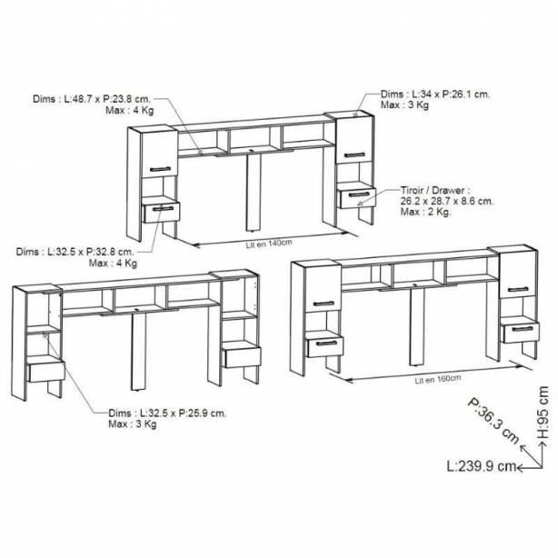 Cabecero de cama Melamina Blanco - Madera claro 240x95x36