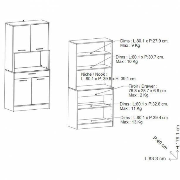 Mueble auxiliar cocina Melamina Blanco - Madera claro 84x176x40