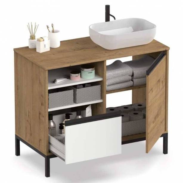 Mueble baño Melamina Madera claro - Negro