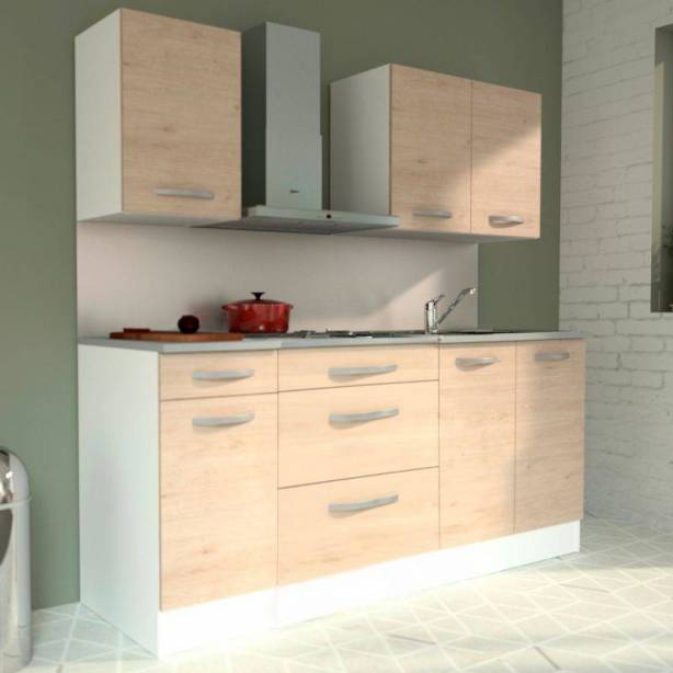 Cocina modular completa Melamina Blanco - Madera claro 180x60