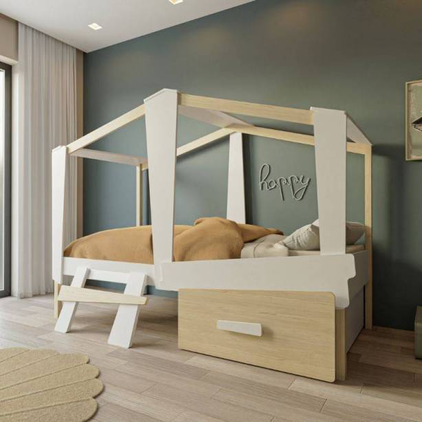 Cama infantil Melamina Blanco - Madera claro 212x152x97