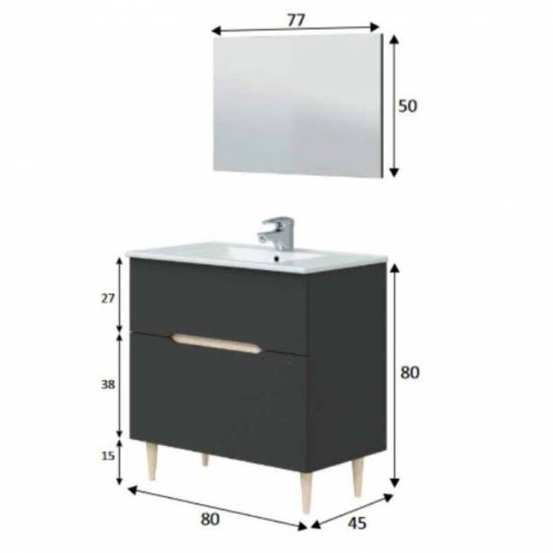 Mueble baño con lavabo Melamina Gris - Madera Claro 80x80x45