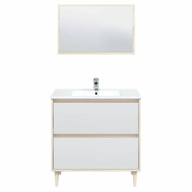 Mueble baño con lavabo Melamina Blanco - Madera claro 80x80x45