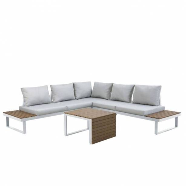 Conjunto 2 sofás 1 rinconero y mesa de centro exterior Aluminio Blanco - Marrón