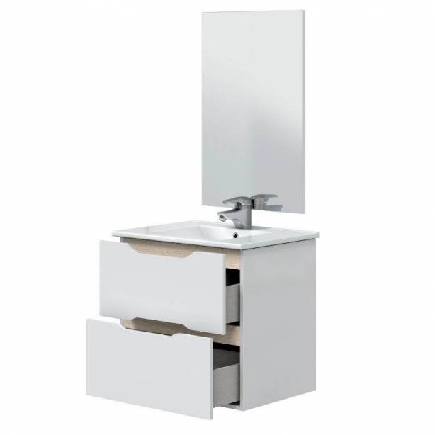 Mueble baño con lavabo Melamina Blanco - Madera claro 60x57x45