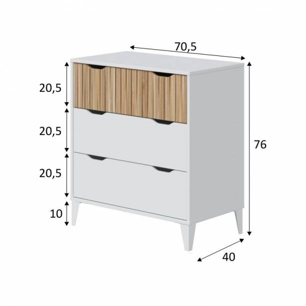 Cómoda 3 cajones Melamina Blanco - Madera claro 40x71x76