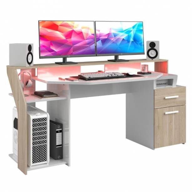 Mesa Gamer Melamina Blanco - Madera claro 178x88x68