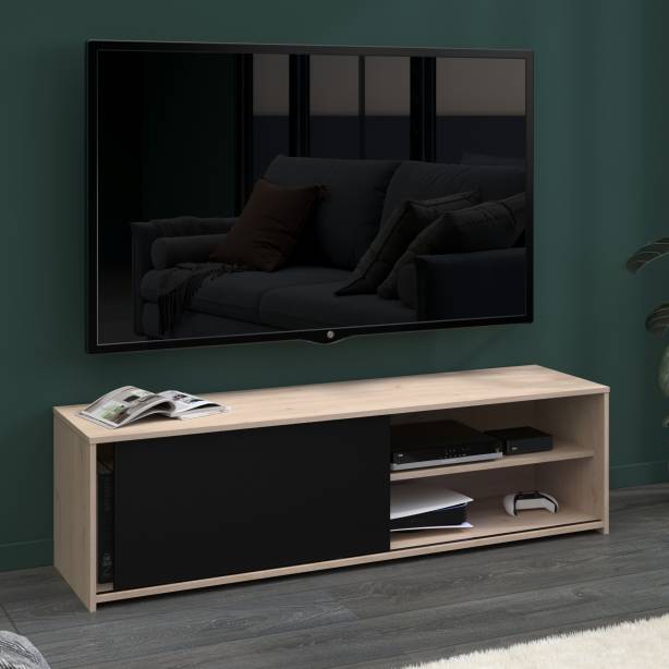 Mueble TV Melamina Negro - Madera Claro 155x43x40